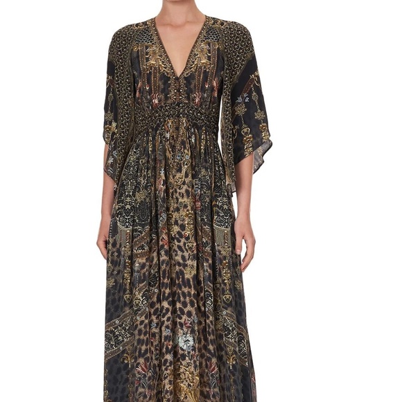 CAMILLA Long Dress With Smocked Waist Bell Sleeves *Abingdon Palace* 100% Silk - Picture 3 of 16